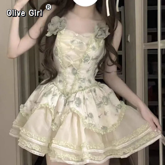 Olivegirl Summer Lolita Dresses Design Bow Sweet Date Dress Princess Loli Strap Fishbone Dress