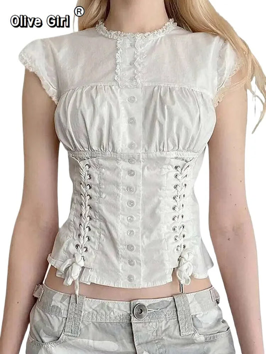Olivegirl Women's Top Shirt Elegant Solid Color Camisole Spring Round Neck Buttoned T-shirt 2026 Bandage Personality Pleated