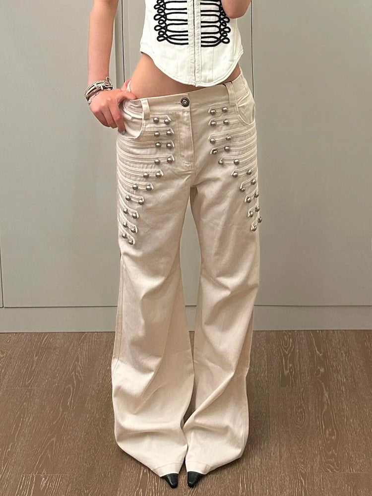 Olivegirl Women's Jeans Y2k Harajuku Retro American Metal Buckle Design Casual Loose Pant Girl Summer Gothic Fashion Trousers