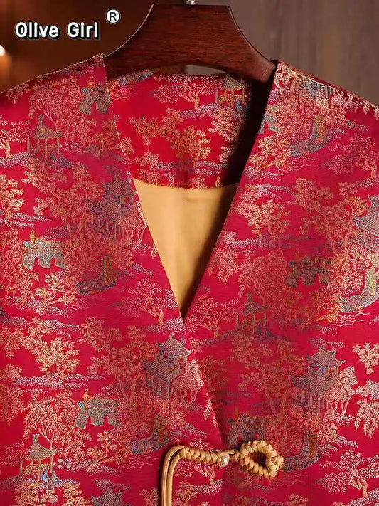 Olivegirl Red Hanfu Loose Jacket Women's Clothing 2026 Spring New Year Embroidery Jacquard Traditional Chinese Coat Jacquard