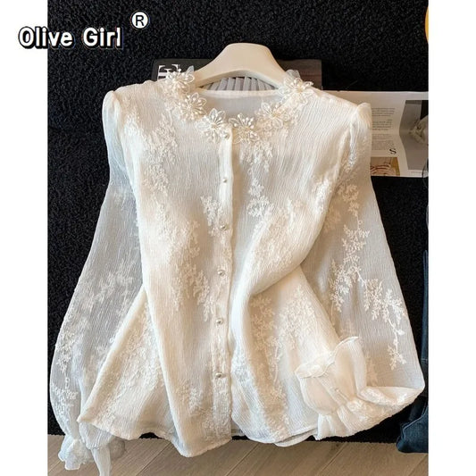 Olivegirl Women's Shirt Blouse High-end Jacquard Embroidery Beaded Lace Long Sleeved Shirt for Spring and Summer