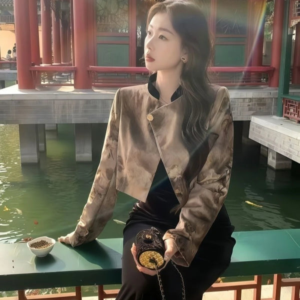 Suit Short Jacket Coat Skirt Set Women's Set Elegant Brown High-end Autumn Winter Two-piece Set Traditional Chinese Clothing