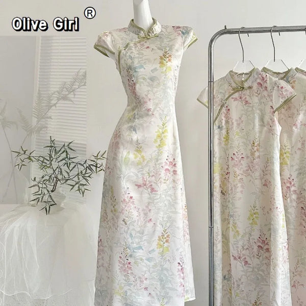 Olivegirl 2026 Chinese Dress Satin Floral Qipao Women's Spring and Summer New Style Slim Fit Temperament Super Fairy Dress