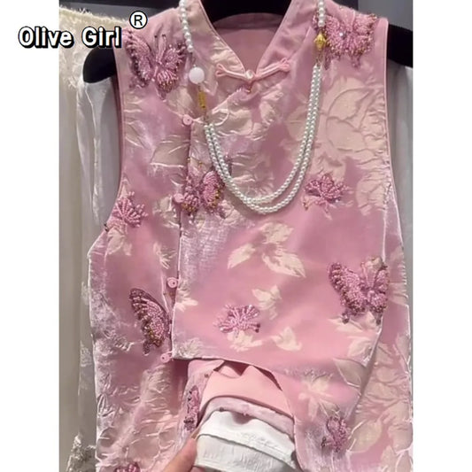 Olivegirl Chinese-style Pink Jacquard Embroidered Vest Women's Top 2026 Spring Hanfu-style Outerwear Vest Clothing