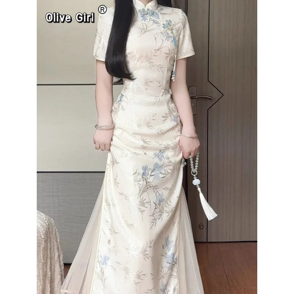 Olivegirl Jacquard Fabric Qipao Long Dress Chinese Cheongsams Exquisite Luxury High-end Elegant Temperament Women's Dress