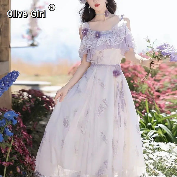 Olivegirl Women's Strapless Dress 3D Lace Flower Top High End Elegant Sweet Dress Party Banquet Beach Travel Live Lady's Clothes