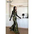 Olivegirl Inspired Bone Print Maxi Dress for Women Long Sleeves Fish Tail dress Flared Collar Waist-Cinching Hugging Style