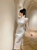 Olivegirl High-end Dress Delicate Lace Flared Sleeves Retro Patchwork Slimming High Slit Youthful Summer Women's Dress 2026