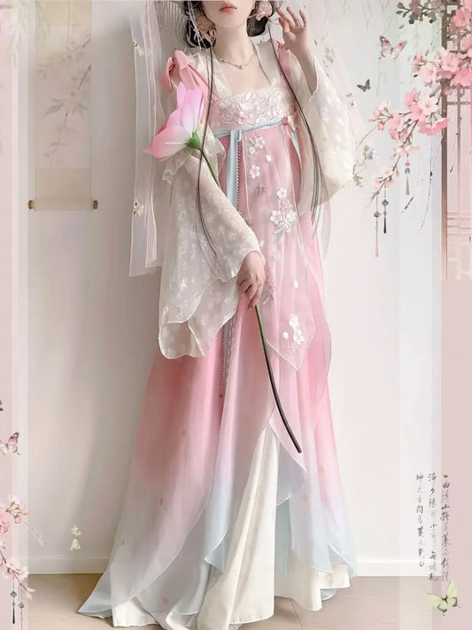 Tang Dynasty Hanfu Dress | Embroidered Fairy Set with Matching Cardigan | Spring Summer