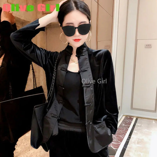 Fashion Gold Velvet Set Women's Plate Buckle Splicing 2026 Spring New Style Retro Style Coat Women's Clothing