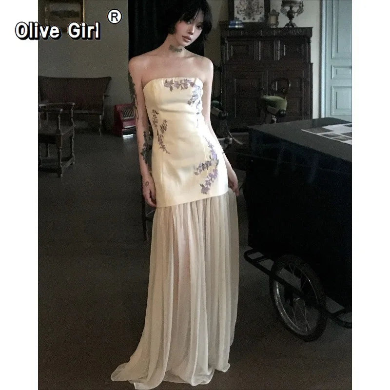 Olivegirl Sexy Off-shoulder Maxi Dress Wisteria Embroidery 2026 Women's Clothing Summer Long Dress with Patchwork Net Dresses