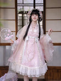 Olivegirl Hanfu Dress Women's Cosplay Front-Open Shirt Bust-Length Short Strap Dress Sleeve Cherry Pink Cute Three-Piece Set