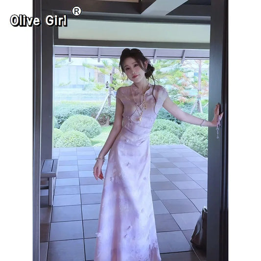 Olivegirl Women's Dress Qipao Chinese Dark Pattern Jacquard 3D Flower Improved Cheongsam 2026 Chinese Style Long Dresses