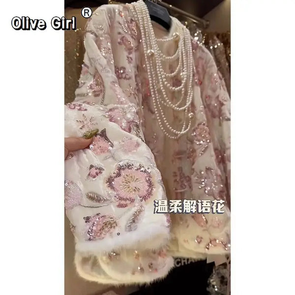 Pink Coat with Sequins Flower Embroidery Nail Beads Furry Fur Jacket Women's Outear Clothing Winter High-end Cotton-padded Coat