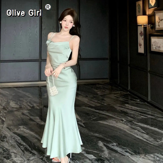Olivegirl Summer Sexy Dress Evening Gown French Strap Fish Tail Bodycon Acetate Cocktail Dress High-End Elegant Women's Clothing