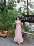 Olivegirl Pink Dress Chinese 3D Flower Cheongsam Qipao Women's Summer Plus Size Gentle and Elegant Mesh Fishtail Dress