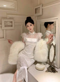 Olivegirl High-end Dress Delicate Lace Flared Sleeves Retro Patchwork Slimming High Slit Youthful Summer Women's Dress 2026