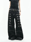 Olivegirl 2026 Women's Jeans Trousers Women Straight Trousers Gothic Y2K American Patchwork Rivet Design Black Loose Streetwear