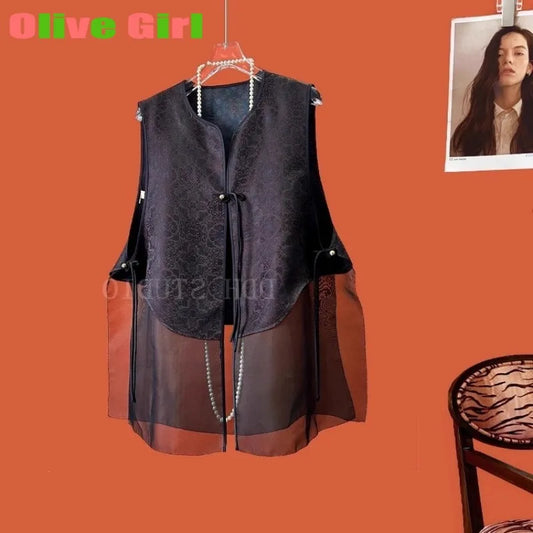 Silk Brocade Patchwork Organza Vest Retro Tassel Buckle Design Sense Top for Women's Vest High-end Elegant Girl's Clothing 2026