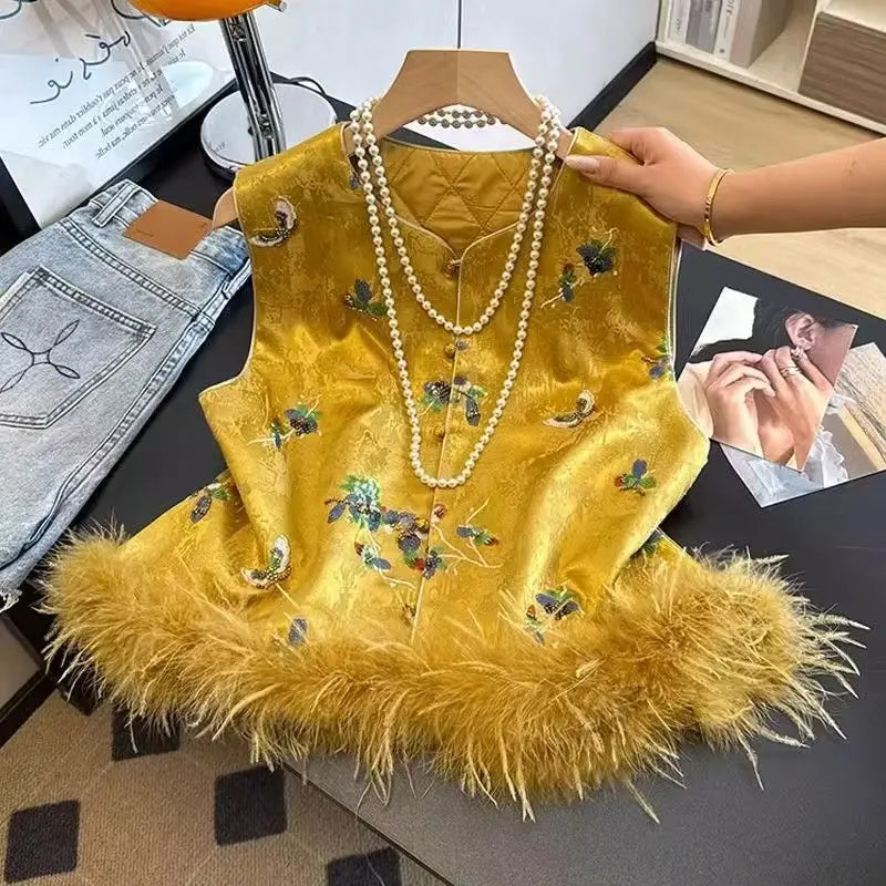 Elegant Vest Women's Clothes 2026 Autumn Feather Splicing Top Traditional Chinese Clothing Coats Jackets