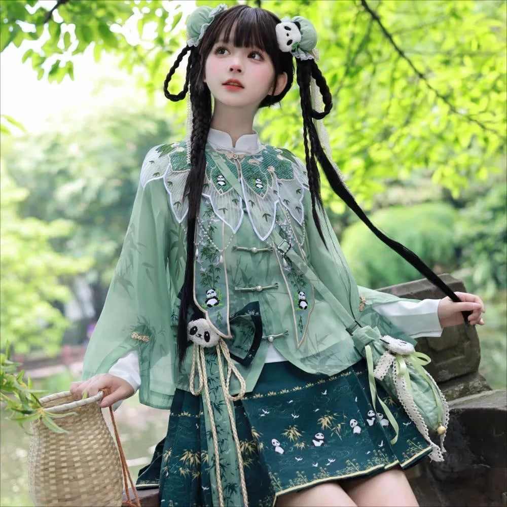Panda Hanfu Dress | Lolita Horse Face Skirt | Cute Bamboo Embroidery Cosplay Party