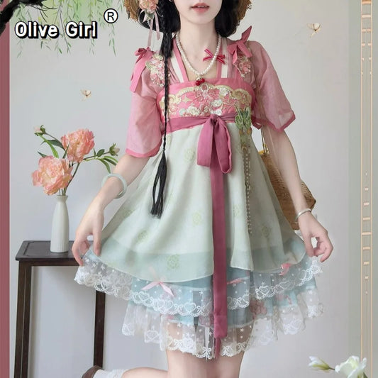 Olivegirl Hanfu Dress Embroidered Strap Skirt Short Sleeve Puff Skirt Lace Flower Chinese Sweet Women's Clothing Cosplay