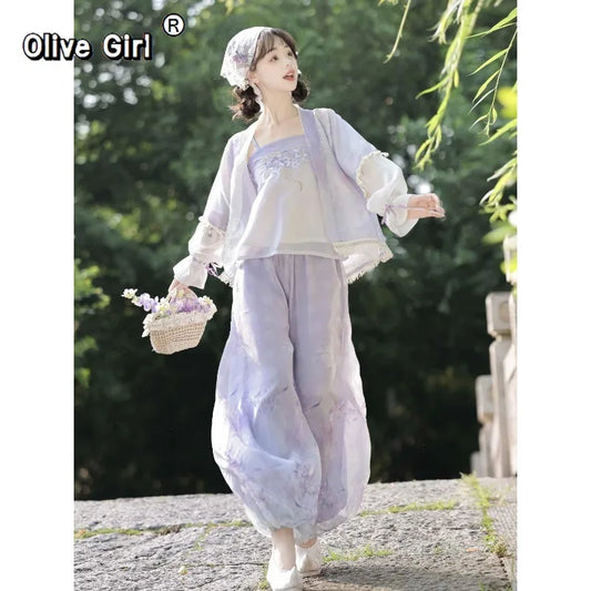 Hanfu Lantern Pants Set | Sweet Purple Green | Improved Chinese Casual Summer Outfit