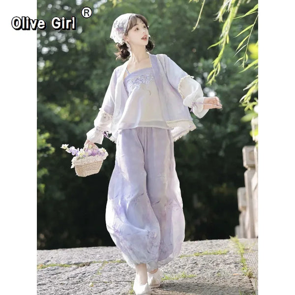 Hanfu Lantern Pants Set | Sweet Purple Green | Improved Chinese Casual Summer Outfit