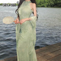 Olivegirl Sexy Dress Cheongsam Qipao 3D Flower Sleeveless Elastic Mesh Fabric Off Shoulder Purple Green Fish Tail Women's Dress