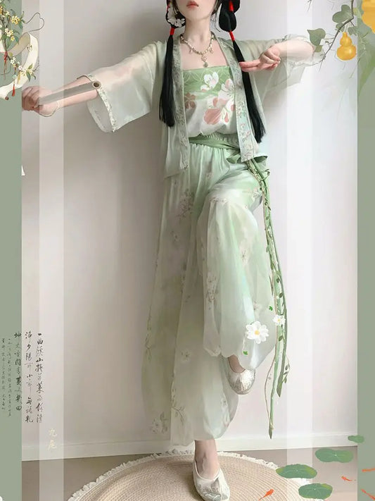 Green Hanfu Set | Song Dynasty Flower Bud Pants & Shorts | Cottagecore Chinese Summer Style
