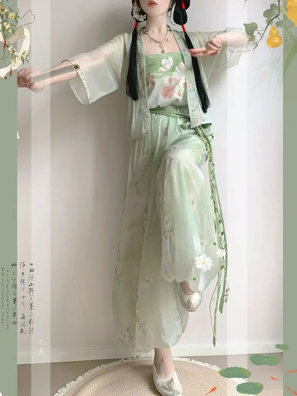Green Hanfu Set | Song Dynasty Flower Bud Pants & Shorts | Cottagecore Chinese Summer Style