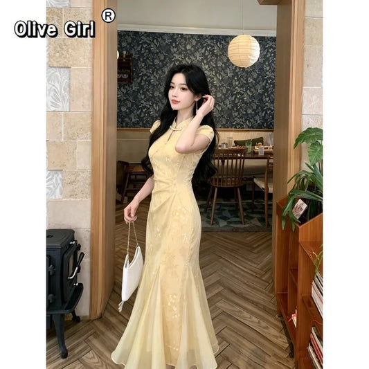 2026 Qipao Dress Chinese Jacquard Waist Improved Cheongsam Elegant Temperament Fishtail Dress Daily Wear