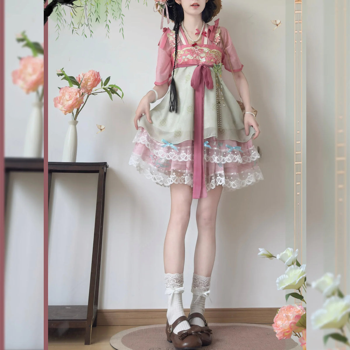 Olivegirl Hanfu Dress Embroidered Strap Skirt Short Sleeve Puff Skirt Lace Flower Chinese Sweet Women's Clothing Cosplay