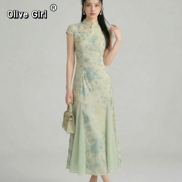 Olivegirl 2026 Chinese style dress women's clothing qipao summer Cheongsams green improved cheongsam fishtail dresses high-end