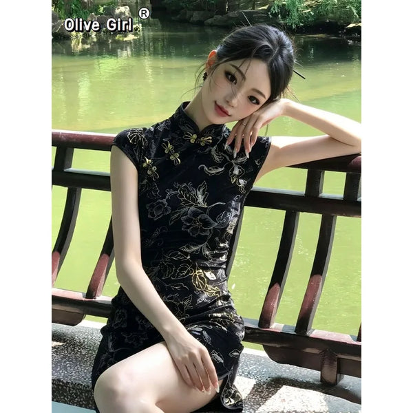 Olivegirl 2026 Women's Dress Qipao Cheongsam Chinese Summer Retro Printed Buckle Improved Dress High-end Hip Hugging