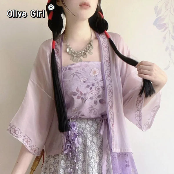 Song Dynasty Hanfu Set | Printed Suspender Pants & Short Shirt | Sweet Elegant Summer Outfit