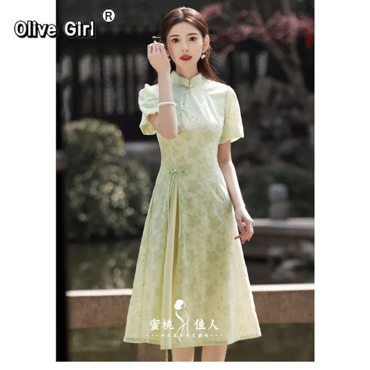 Olivegirl Green Dress Qipao Elegant Cheongsam Jacquard 2026 Summer Young Girls Chinese Style Dress  Long Women's Clothing