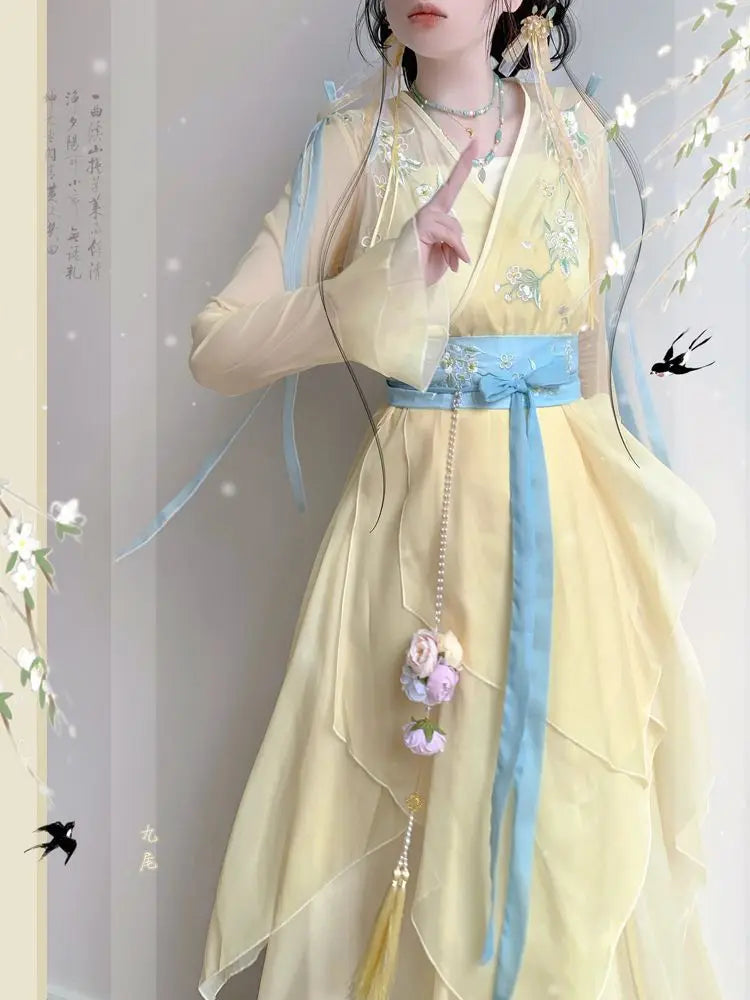 Olivegirl Hanfu Dress Embroidered Flower Chiffon Elegant Fairy Costume Original Long Style Daily Ancient Set Summer Cosplay