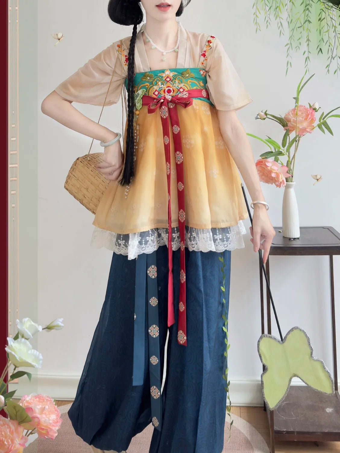 Hanfu Lantern Pants Set | Half Sleeve Embroidered Camisole Skirt | Lightweight Summer Outfit
