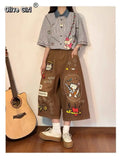 Olivegirl High End Cute Jean American Retro Pants Cartoon Embroidered Women's Seven Point Shorts Trousers Summer Wide Leg Pants