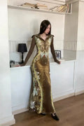 Olivegirl Inspired Bone Print Maxi Dress for Women Long Sleeves Fish Tail dress Flared Collar Waist-Cinching Hugging Style