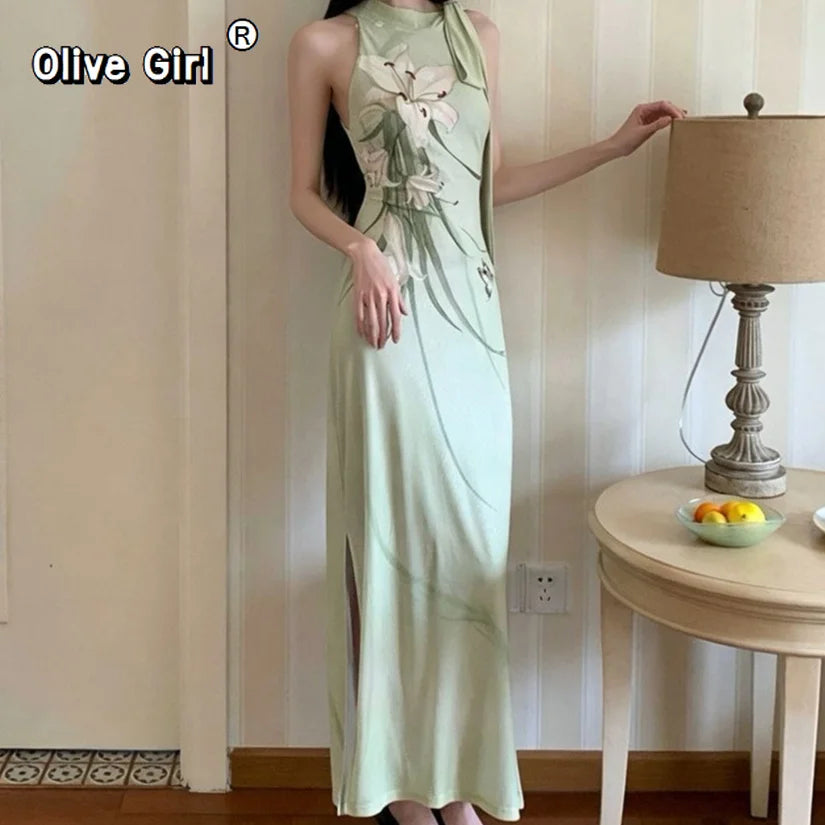 Olivegirl Mint Green Sleeveless Summer Long Dresses for Woman 2026 Floral  Ladies Bodycon Maxi Dress Elegant Lily Print
